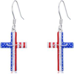 925 Sterling Silver Red White and Blue American Flag  Independence Day Earring